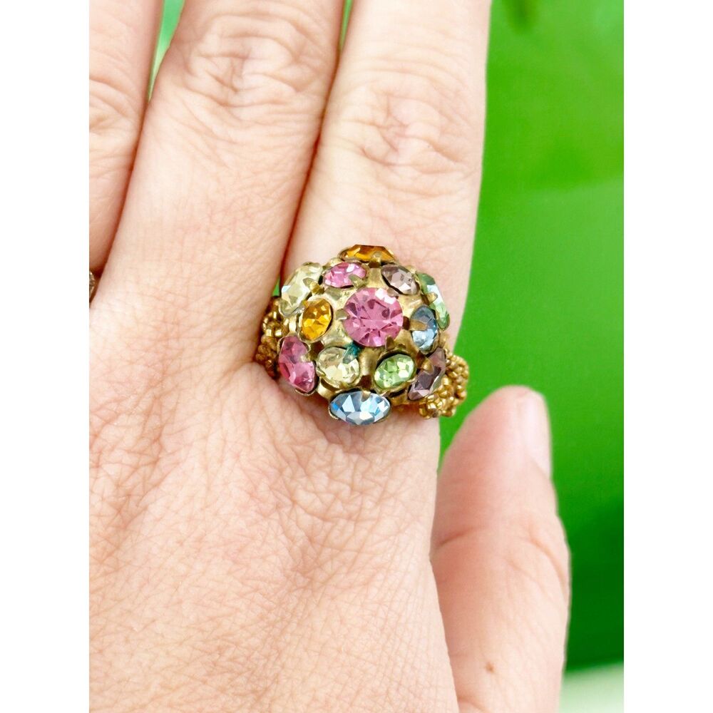 Vintage Cluster Ring Gold Tone Woven Stretchable Colorful Rhinestone Cluster